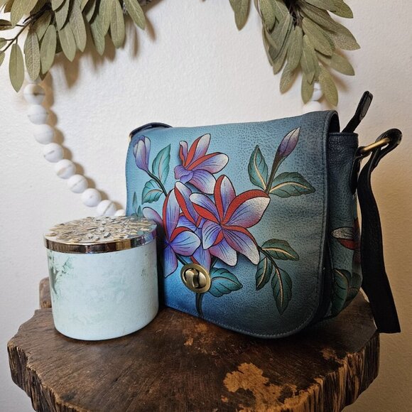 Anuschka Hand Painted Leather Shoulder Bag Blue Floral Turnlock - Picture 14 of 16
